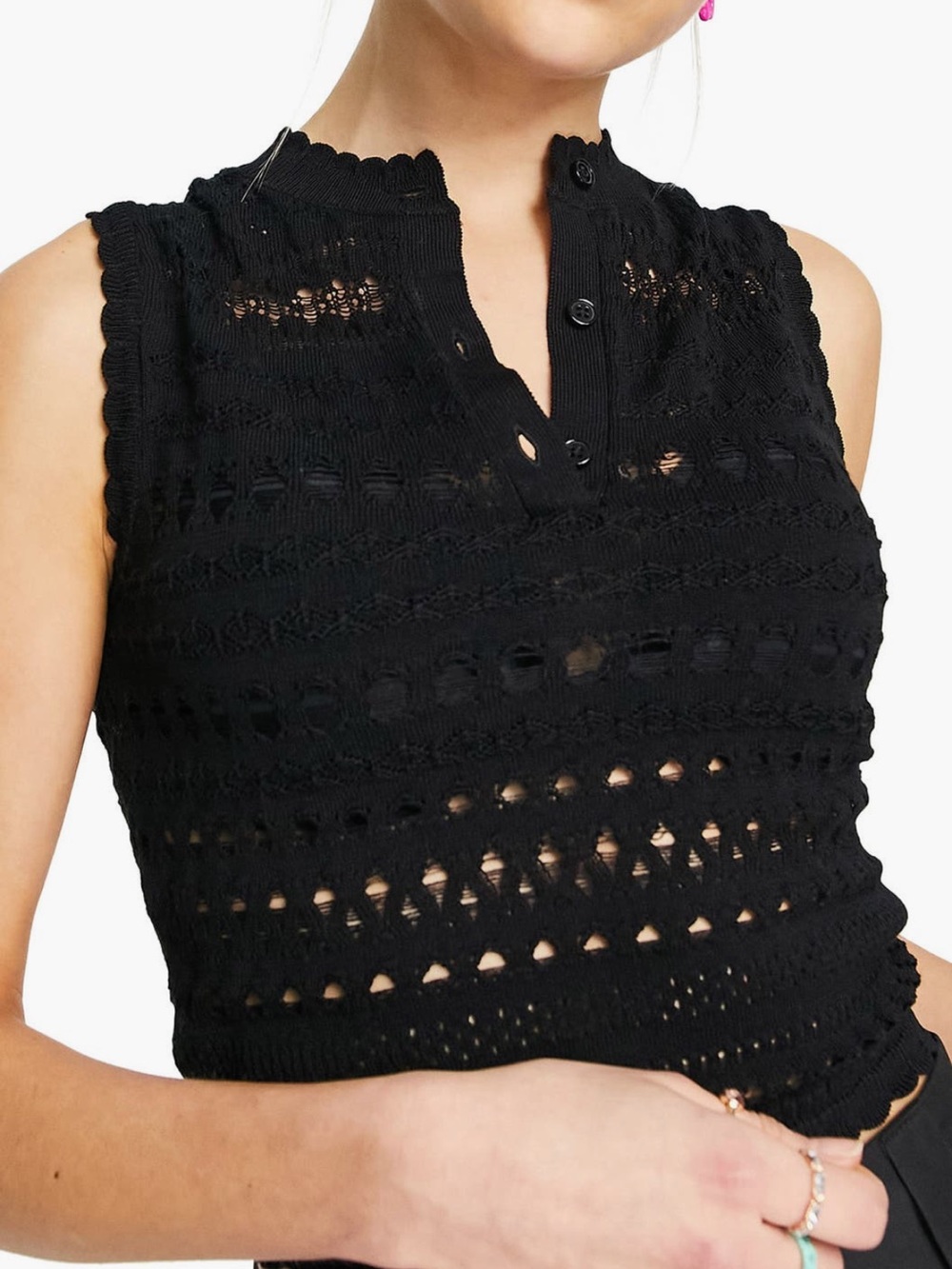 Open Stitch Sleeveless Knit Sleeveless Henley Sweater Vest